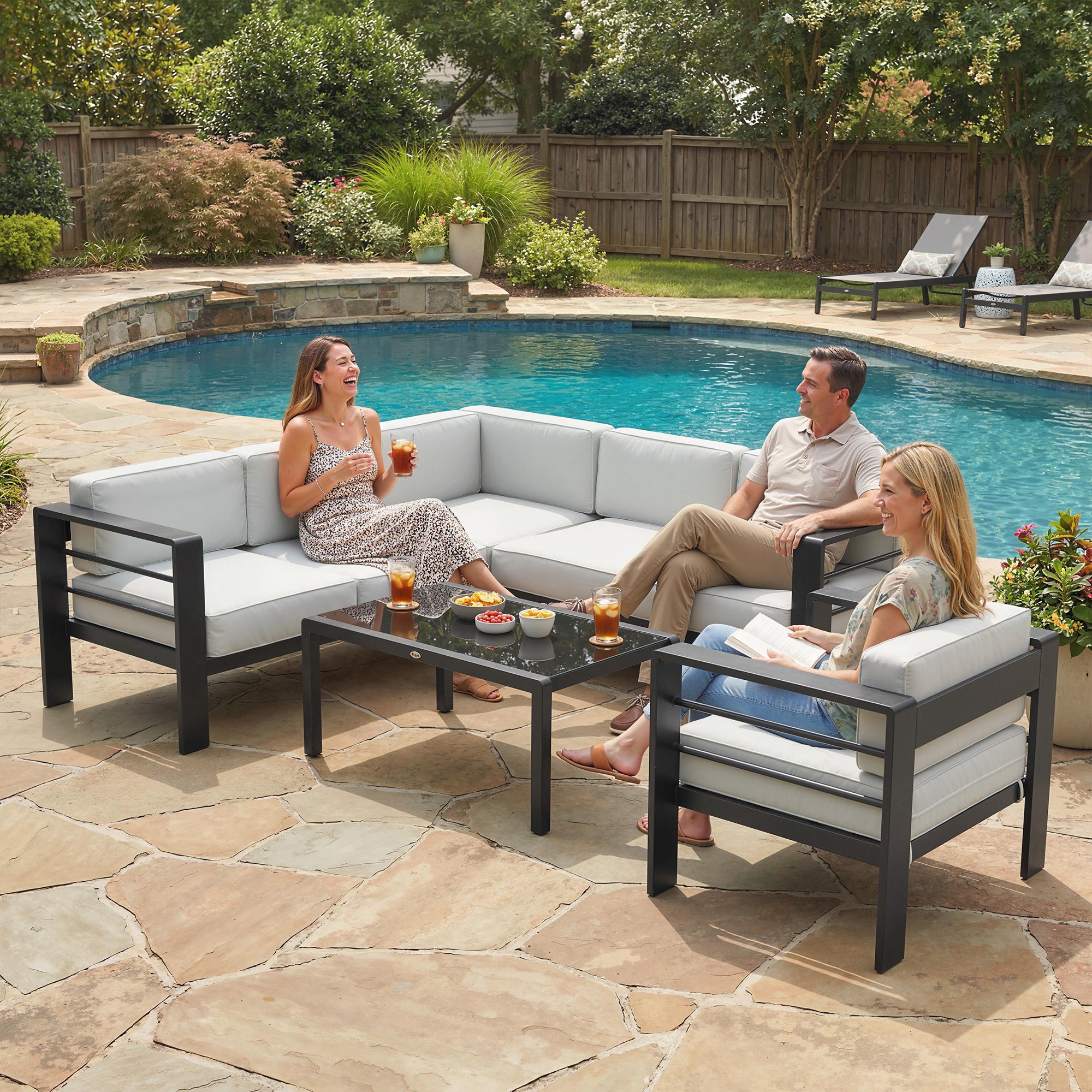 Outsunny 5-Piece Garden Corner Sofa Set with Cushions, 6 Seater Aluminium Garden Furniture Set with Coffee Table, Light Grey 