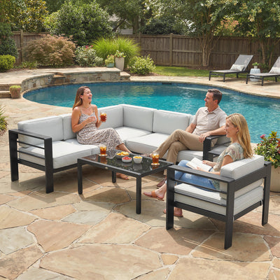 Outsunny 5-Piece Garden Corner Sofa Set with Cushions, 6 Seater Aluminium Garden Furniture Set with Coffee Table, Light Grey 