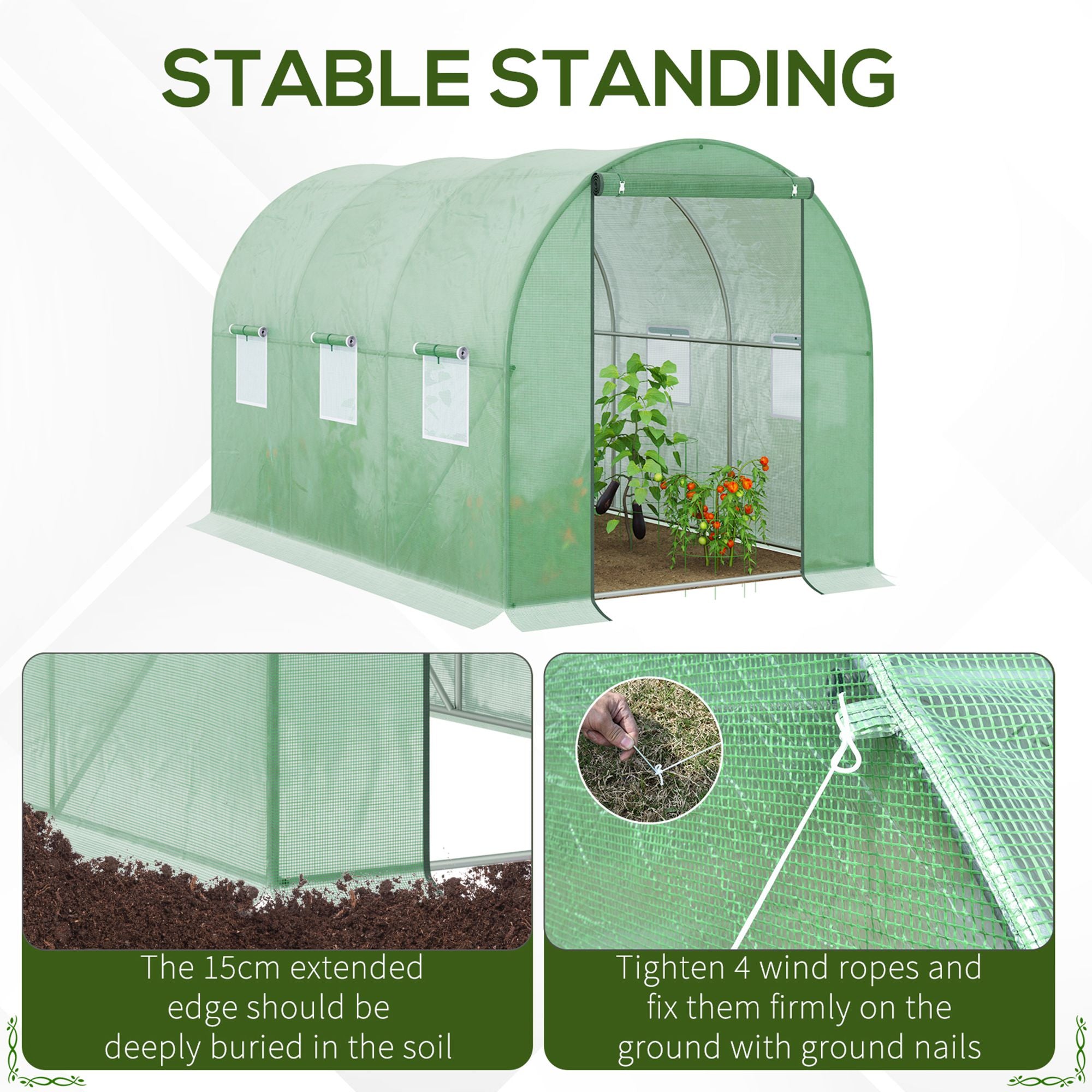Outsunny Walk-in Polytunnel Greenhouse, Outdoor Garden Tunnel Greenhouse Tent with Zipped Roll-Up Door and 6 Mesh Windows, 3 x 2M 