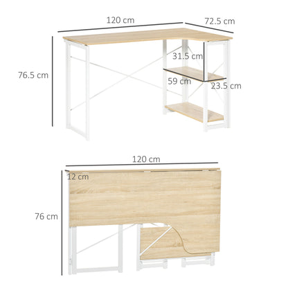 HOMCOM Folding Desk, L Shaped Desk, Corner Computer Desk with 2-Tier Storage Shelf for Home Office, Study Room, Workstation, Easy Assembly, 120 x 72.5 x 76.5cm, Oak Tone 