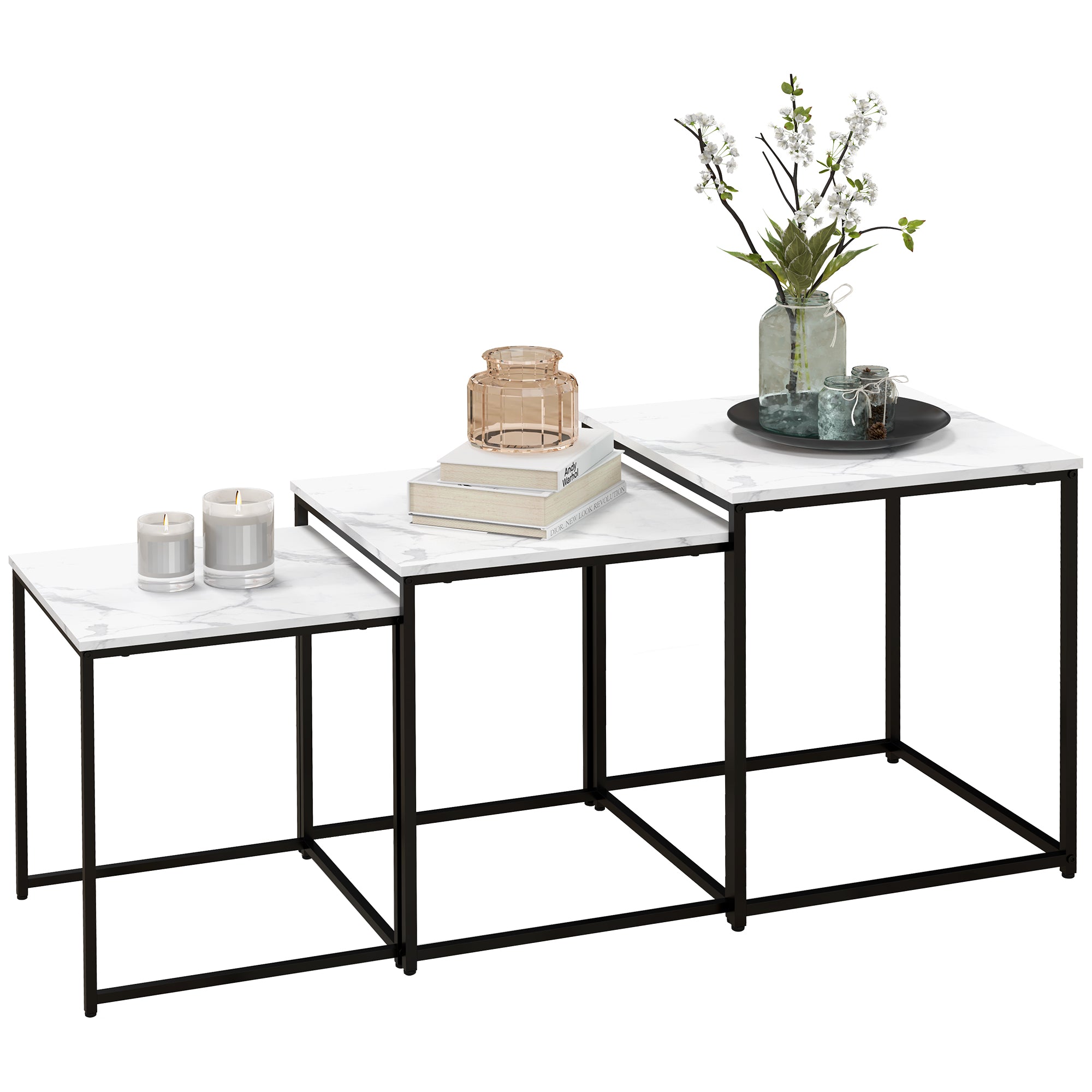 HOMCOM Three Nest of Tables, Marble Effect Finish 