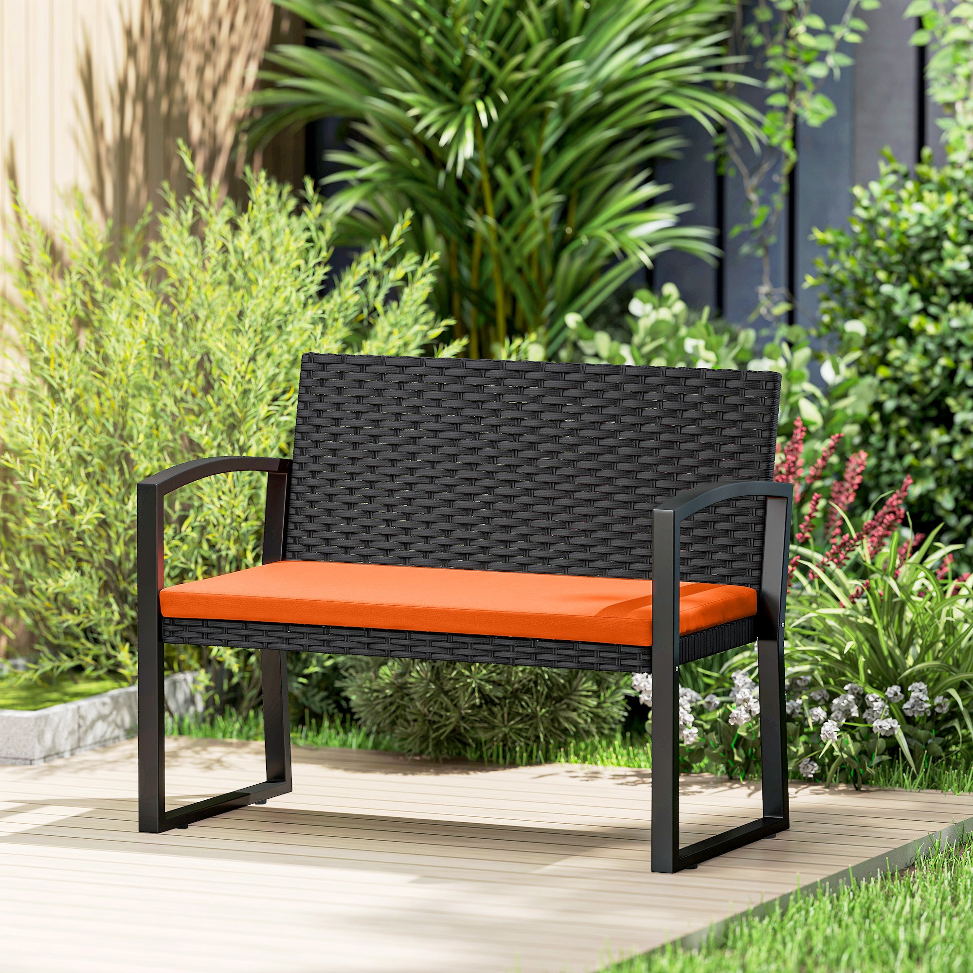 Outsunny Two-Seater Rattan Garden Bench - Orange 