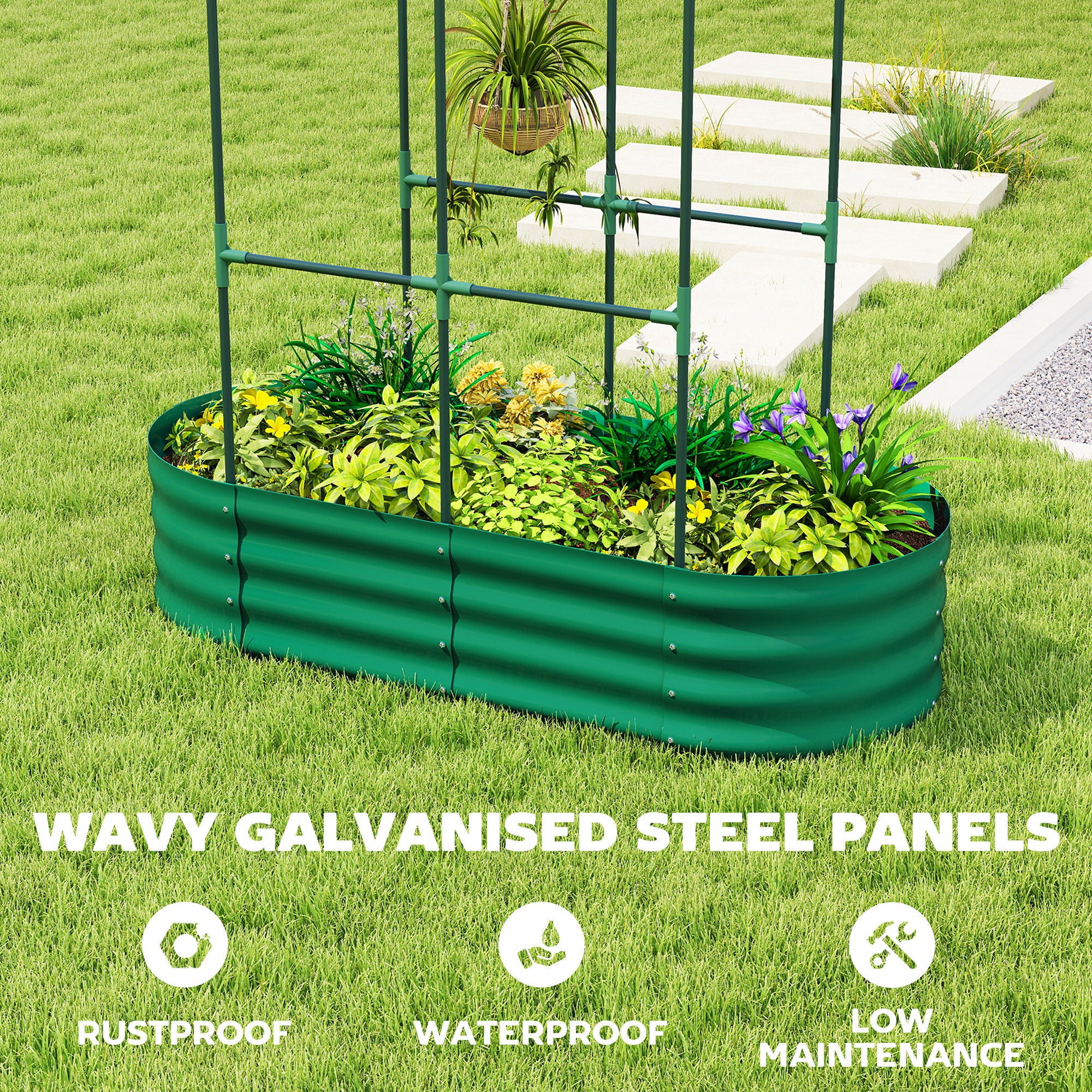 Outsunny Galvanised Raised Garden Bed with Arched Trellis, 4 x 2 x 4.6ft Metal Raised Bed for Garden with Open Bottom, Green 
