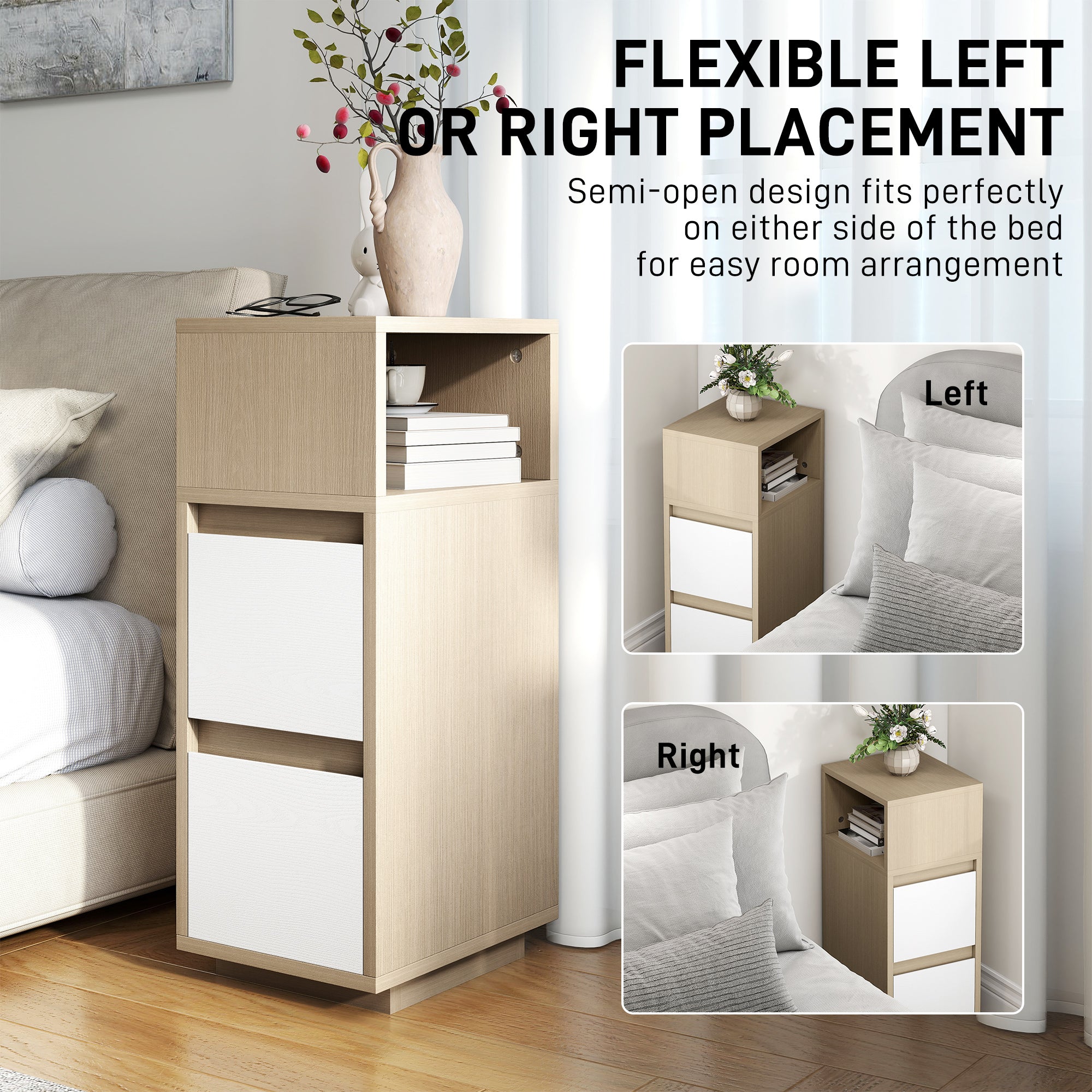 HOMCOM Slim Bedside Table, Narrow Bedside Cabinet with Open Shelf and 2 Drawers for Bedroom, Living Room, Natural Wood Finish 