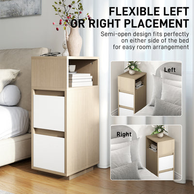 HOMCOM Slim Bedside Table, Narrow Bedside Cabinet with Open Shelf and 2 Drawers for Bedroom, Living Room, Natural Wood Finish 