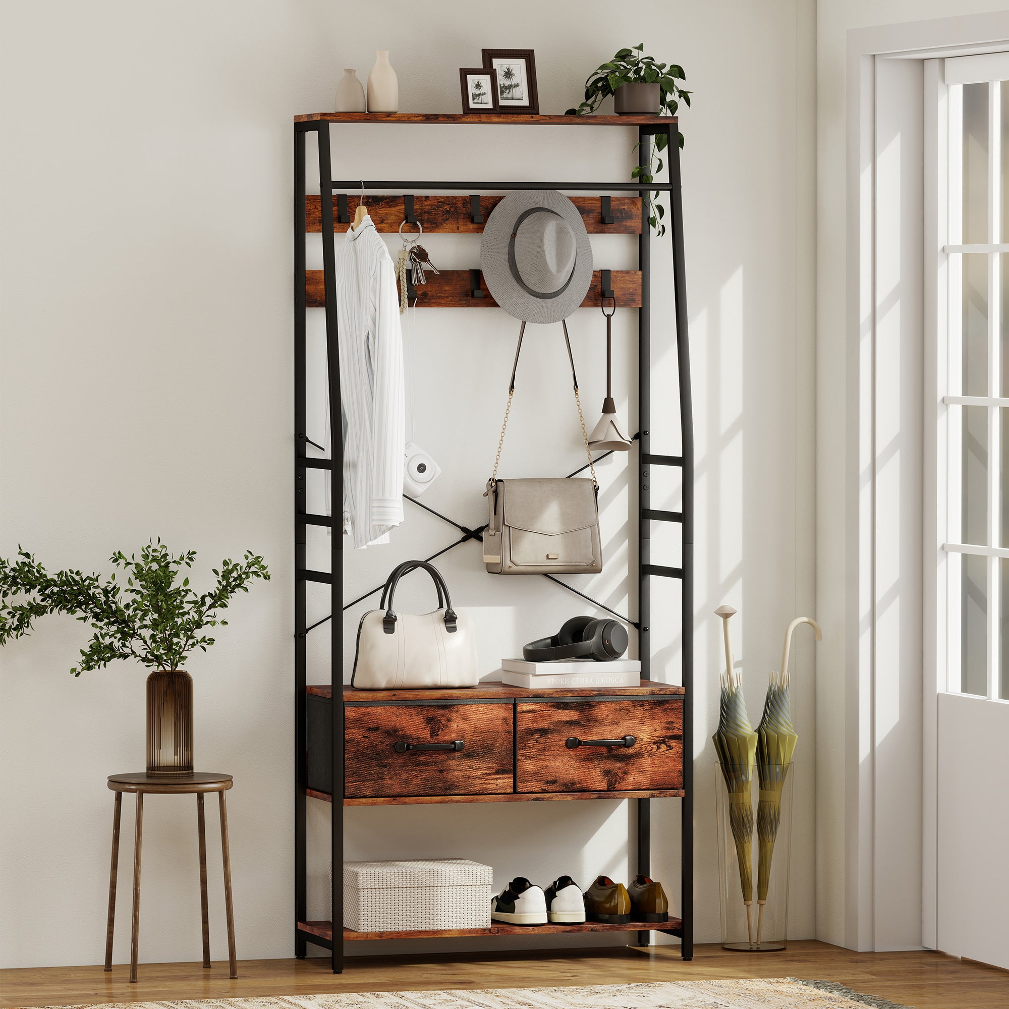HOMCOM 6-in-1 Industrial-Style Hallway Organiser - Brown/Black 