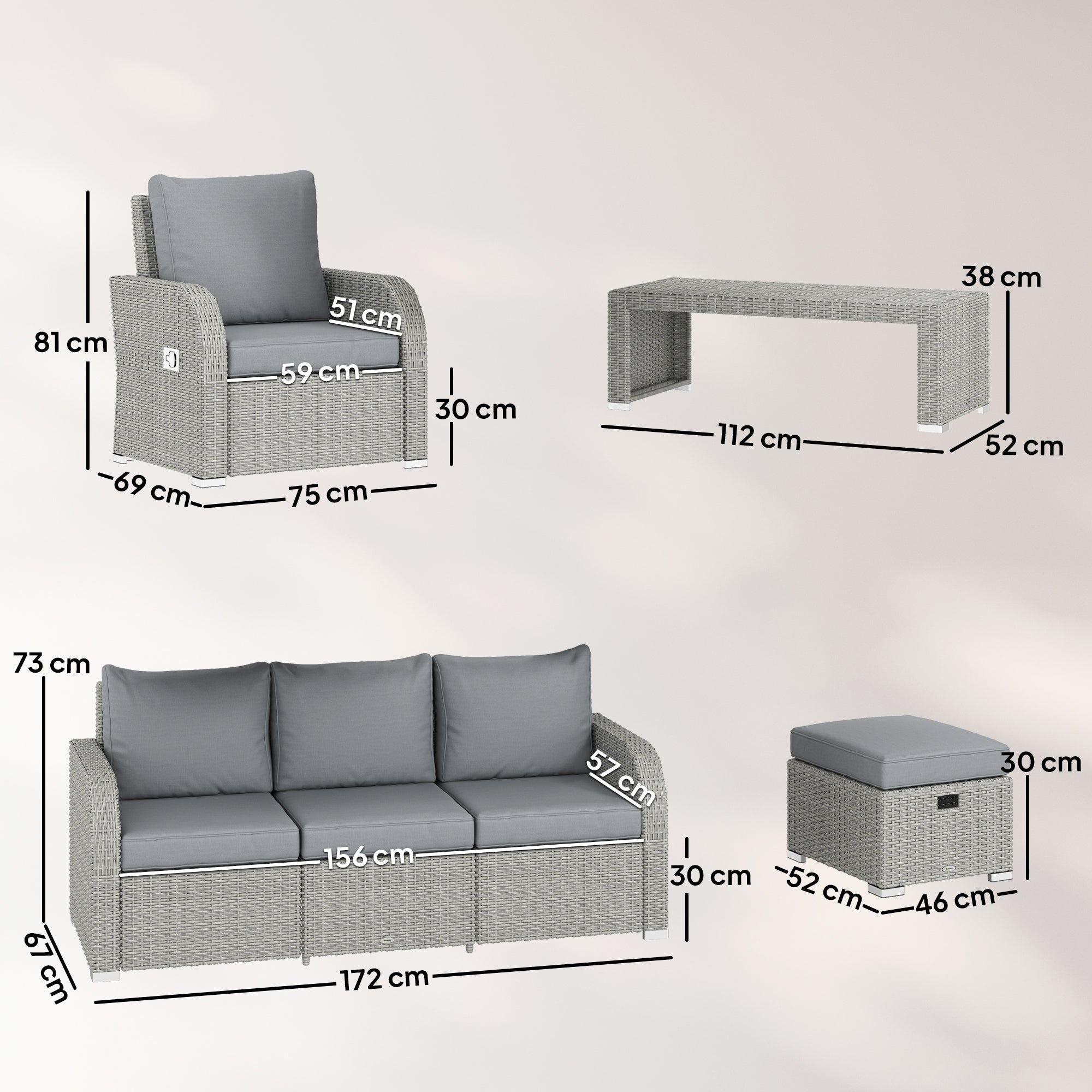 Outsunny Six-piece Rattan Garden Furniture Set with Reclining Armchairs - Dark Grey 