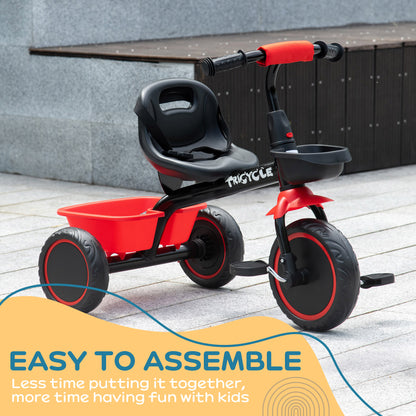AIYAPLAY Kids Trike for 2-5 Years with Adjustable Seat, Pedal, Baskets, Red 