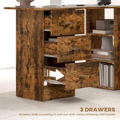 HOMCOM Computer Desk, Writing Table, PC Workstation with 3 Storage Shelves and Drawers, Silver Handle, for Home Office, Rustic Brown 