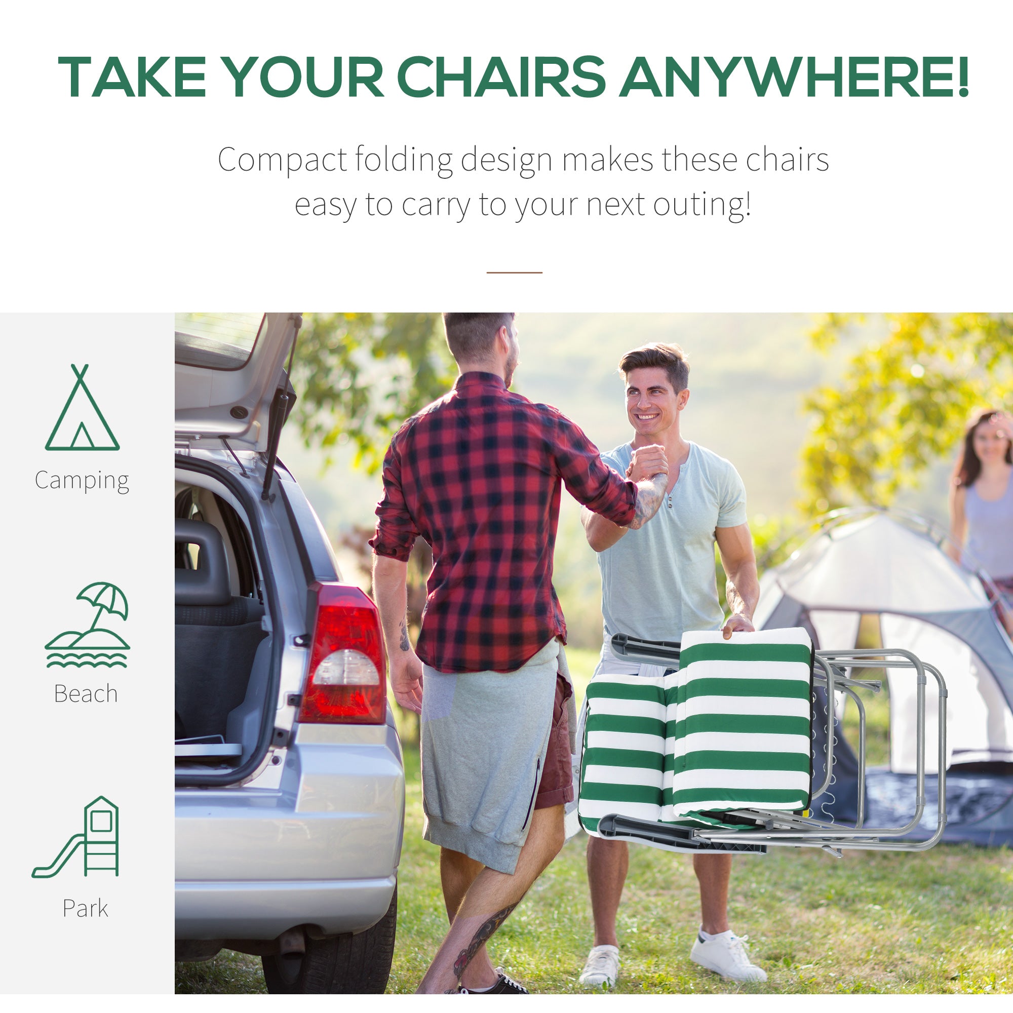 Outsunny 2 Pieces Outdoor Sun Lounger Set with Cushions, Patio Folding 5-Level   Adjustable Backrest Recliner Chairs Set of 2 with High Backrest and Armrests, Green & White 