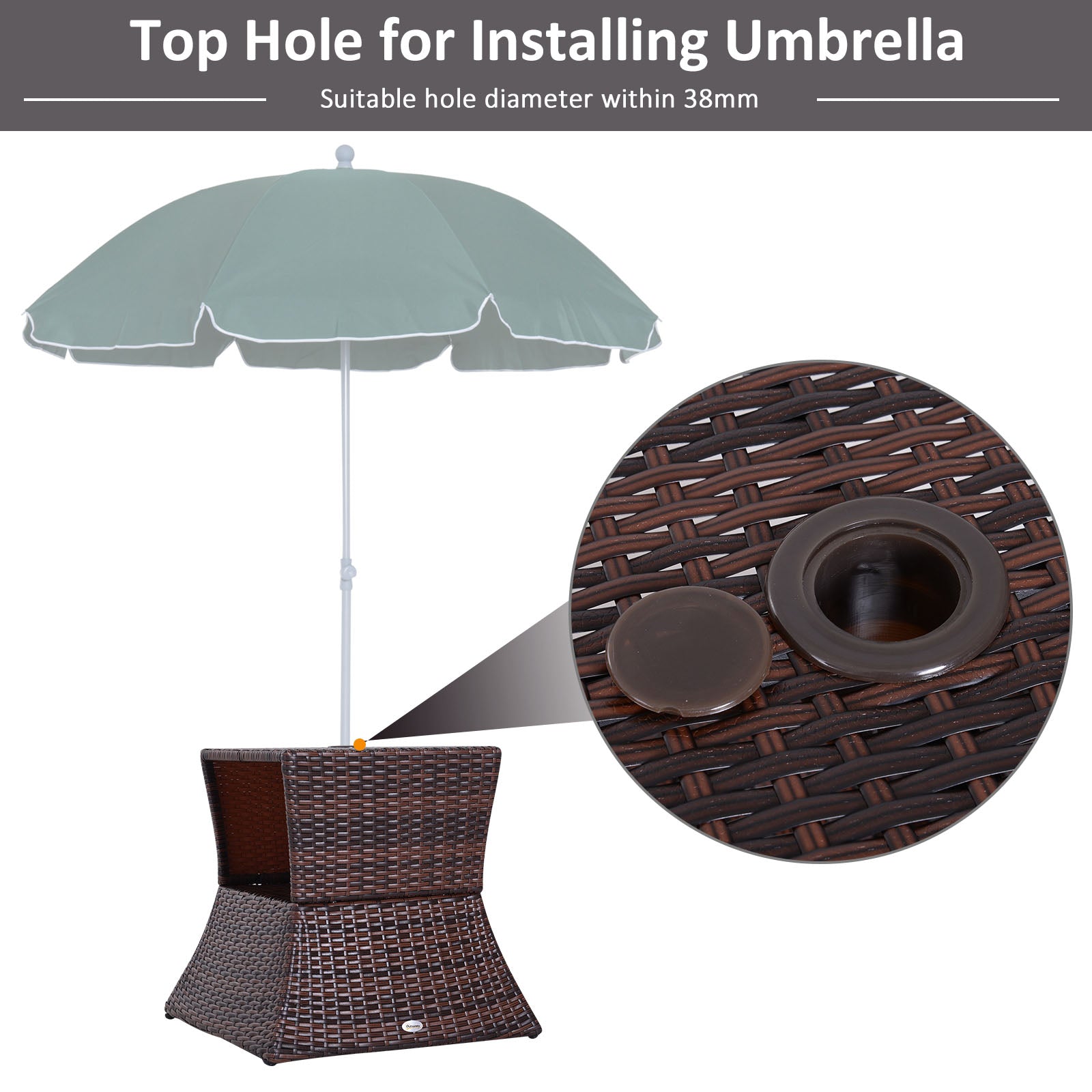 Outsunny Rattan Outdoor Coffee Table, Wicker Garden Patio Bistro Side Table with Umbrella Hole and Storage Space for Balcony, Porch, Brown 