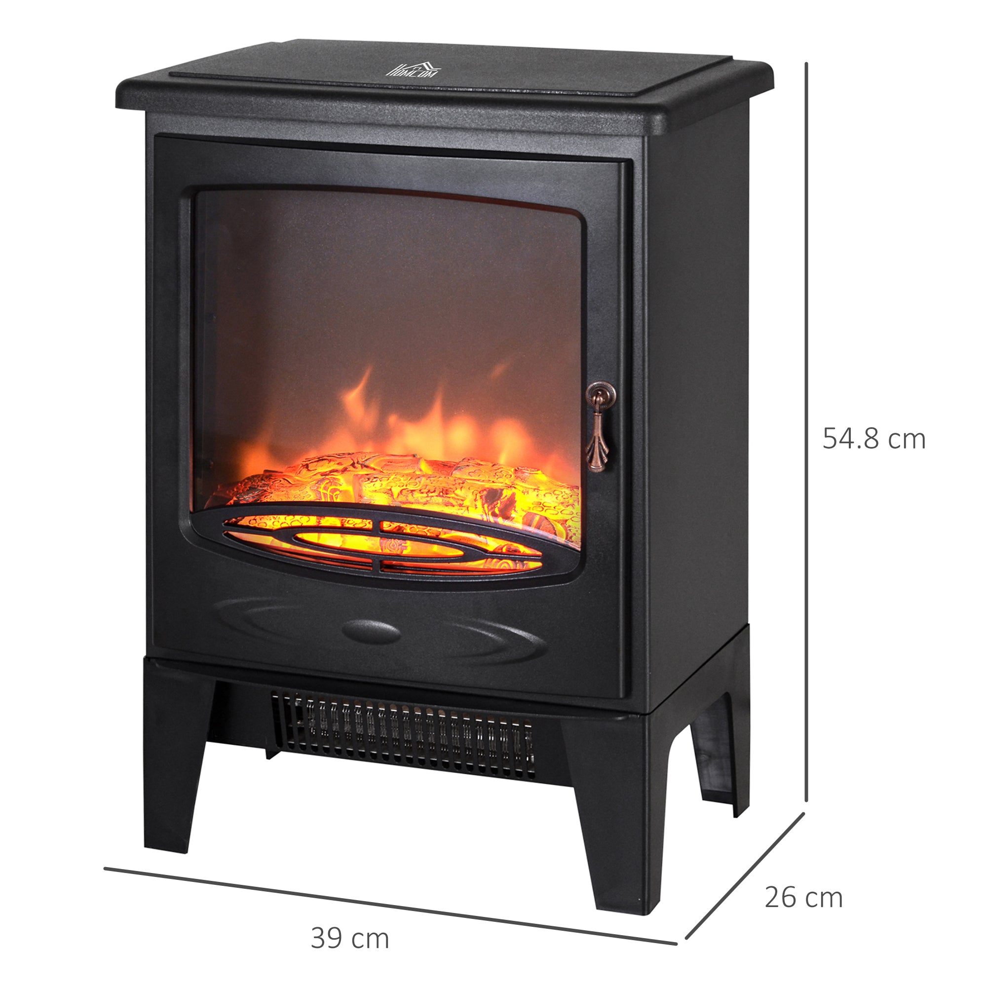 HOMCOM Tempered Glass Casing Electric Fireplace, Freestanding Electric Fire with Realistic Flame Effect, Log Burner with Overheat Protection, 950w/ 1850W, Black 