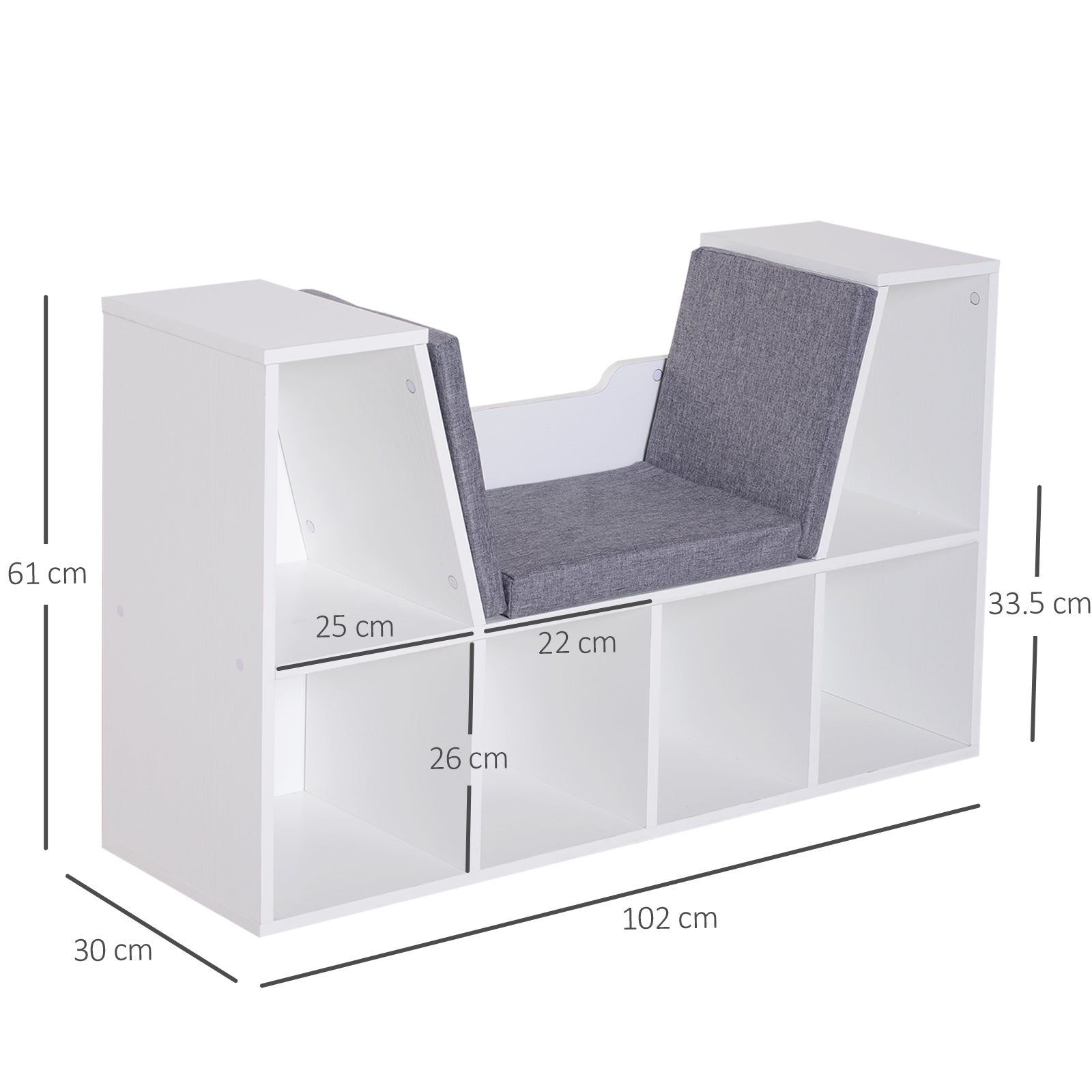 HOMCOM Bookcase Storage Shelf with Cushioned Reading Seat, Cube Bookshelf Organizer for Bedroom Living Room, White 