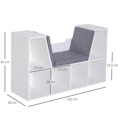 HOMCOM Bookcase Storage Shelf with Cushioned Reading Seat, Cube Bookshelf Organizer for Bedroom Living Room, White 