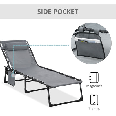 Outsunny Portable Sun Lounger, Folding Camping Bed Cot, Reclining Lounge Chair 5-position Adjustable Backrest with Side Pocket, Pillow for Patio Garden Beach Pool, Grey 