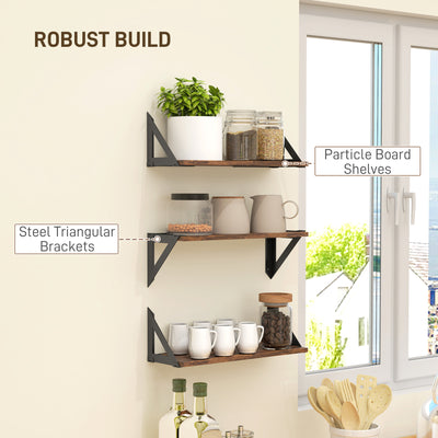 HOMCOM Set of 3 Wall Shelves, Vintage Wall Mounted Floating Shelves for Living Room, Entryway, Bedroom, Rustic Brown 