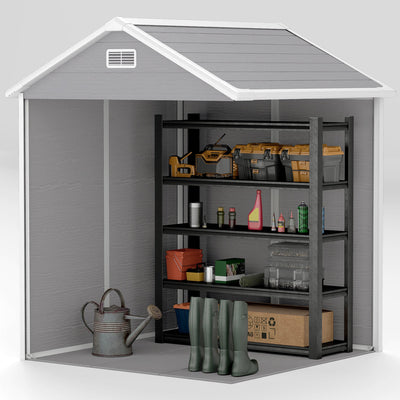 Outsunny 6 x 5ft Garden Shed, Plastic Shed with Floor, Window, Lockable Doors and Vents, Wood Effect Resin Tool Shed for Outdoor Patio, Dark Grey 