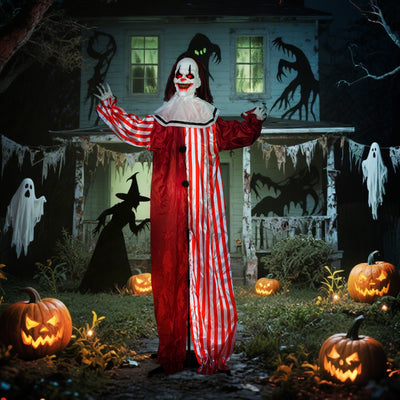 Outsunny 165 cm Life Size Halloween Animated Clown with Red Light Up Eyes, Sound Activated Moving Body, Scary Clown Halloween Decorations, Battery Operated, Indoor Party Props 