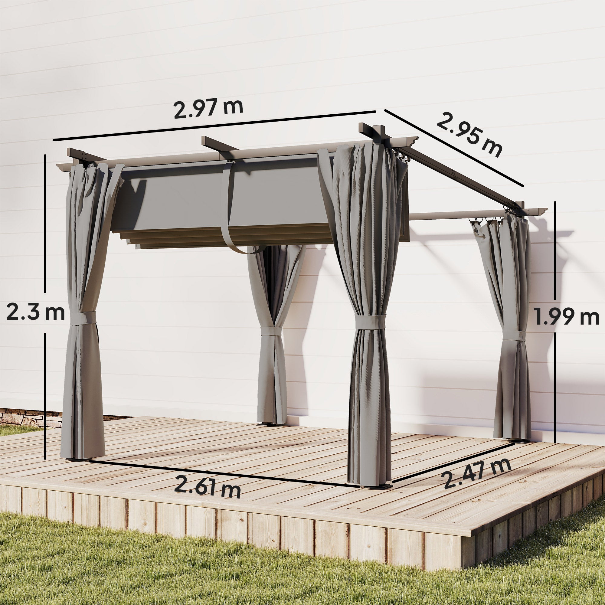 Outsunny 3 x 3 m Retractable Roof Pergola, with Curtains - Light Grey 