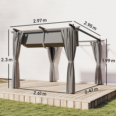 Outsunny 3 x 3 m Retractable Roof Pergola, with Curtains - Light Grey 