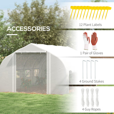 Outsunny 4 x 3(m) Walk-in Polytunnel Greenhouse, Zipped Roll Up Sidewalls, Mesh Door, 8 Mesh Windows, Tunnel Warm House Tent with PE Cover, Complimentary Plant Labels and Gloves, White 