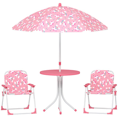 AIYAPLAY Kids Patio Table and Chair Set, Kids Garden Furniture with Umbrella, 4-Piece Bistro Set for Garden, Pink 