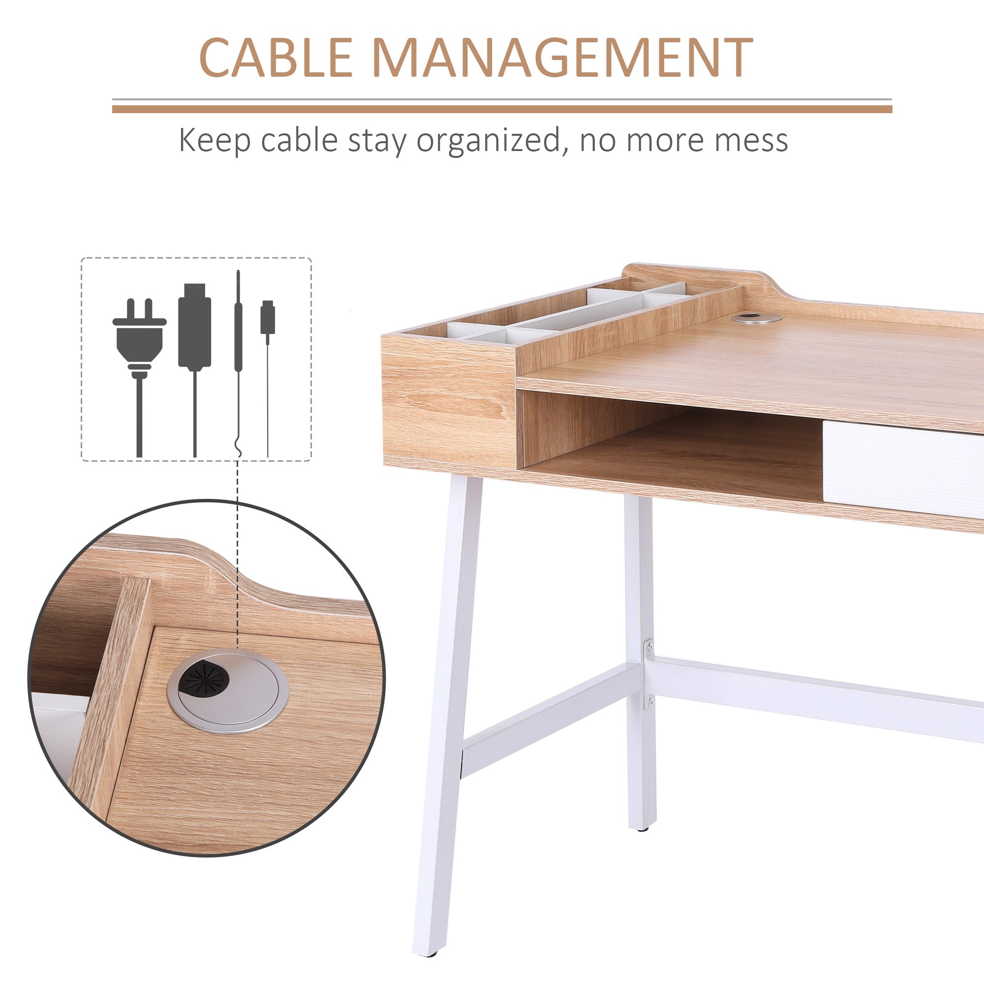 HOMCOM Computer Desk, Writing Desk, Study Workstation with Drawer, Storage Compartments, Cable Management, Laptop Table, Metal Frame, 100 x 55 x 81.5cm, Oak and White 