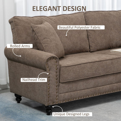 HOMCOM 3 Seater Sofas for Living Room, Fabric Sofa with Nailhead Trim, Cushions and Pillows, Brown 