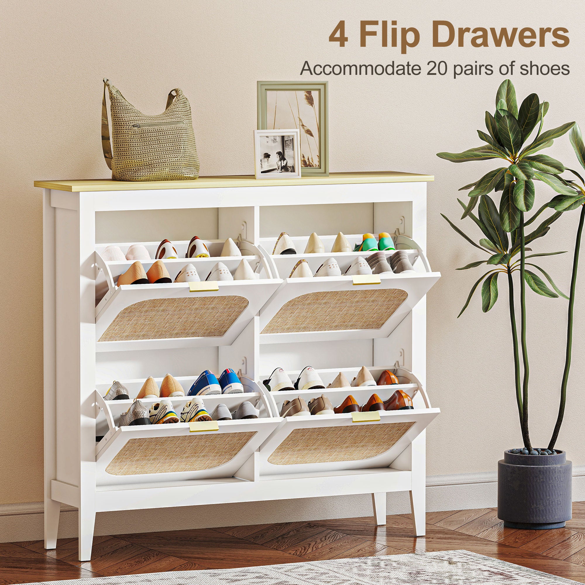 HOMCOM Narrow Shoe Cabinet, Boho Slim Shoe Storage Cabinet with 4 Flip Drawers, Holds 20 Pairs, White 