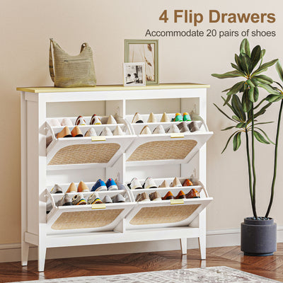 HOMCOM Narrow Shoe Cabinet, Boho Slim Shoe Storage Cabinet with 4 Flip Drawers, Holds 20 Pairs, White 