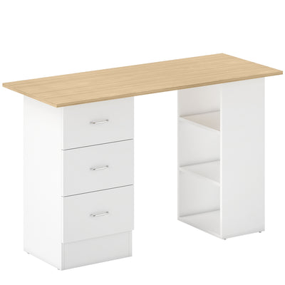 HOMCOM Computer Desk, Writing Table, PC Workstation with 3 Storage Shelves and Drawers, Silver Handle, for Home Office, Natural Wood Finish and White 