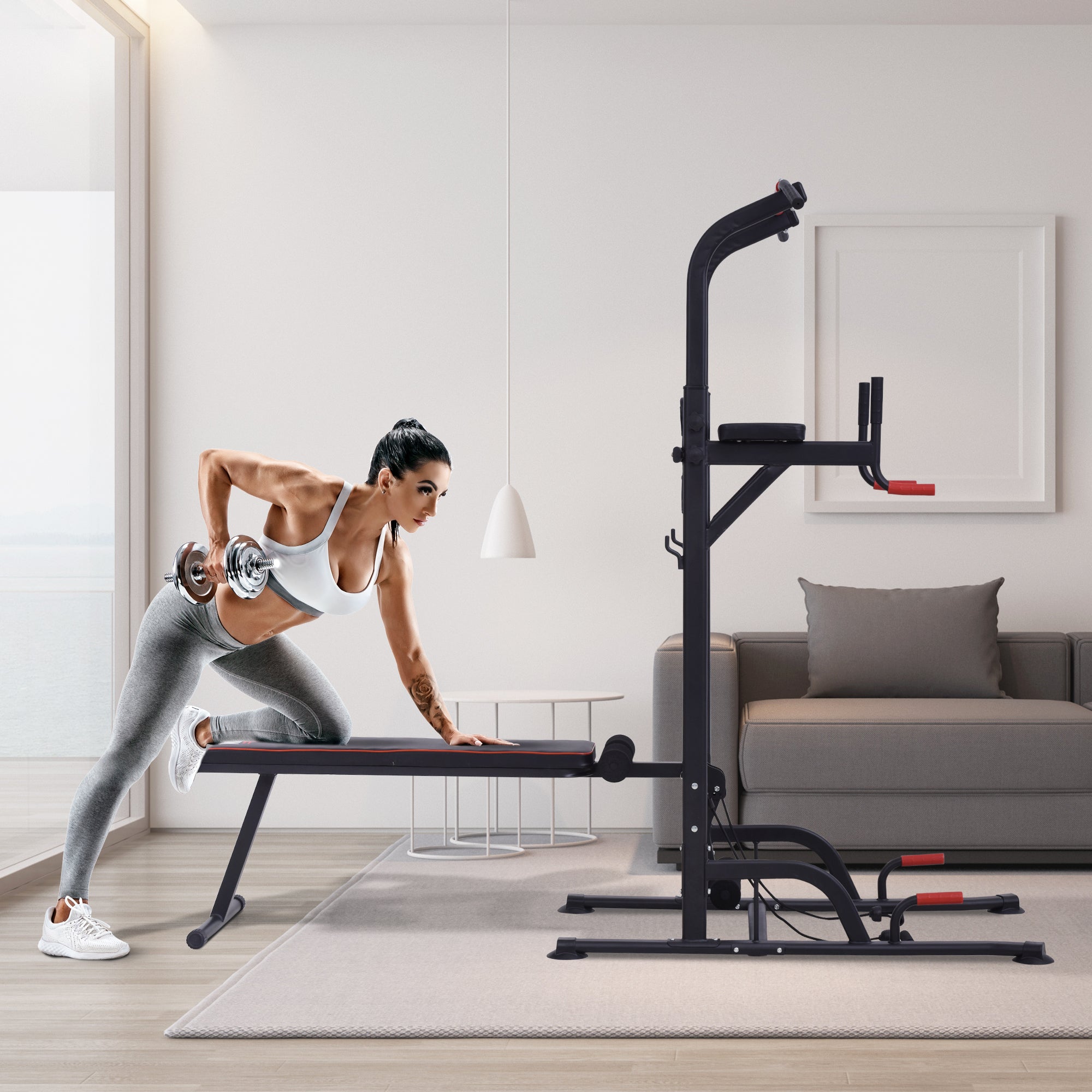 HOMCOM Multifunction Power Tower Home Workout Dip Station w/ Sit-up Bench Push-up Bars and Tension Ropes Fitness Equipment Office Gym Training 