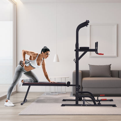 HOMCOM Multifunction Power Tower Home Workout Dip Station w/ Sit-up Bench Push-up Bars and Tension Ropes Fitness Equipment Office Gym Training 