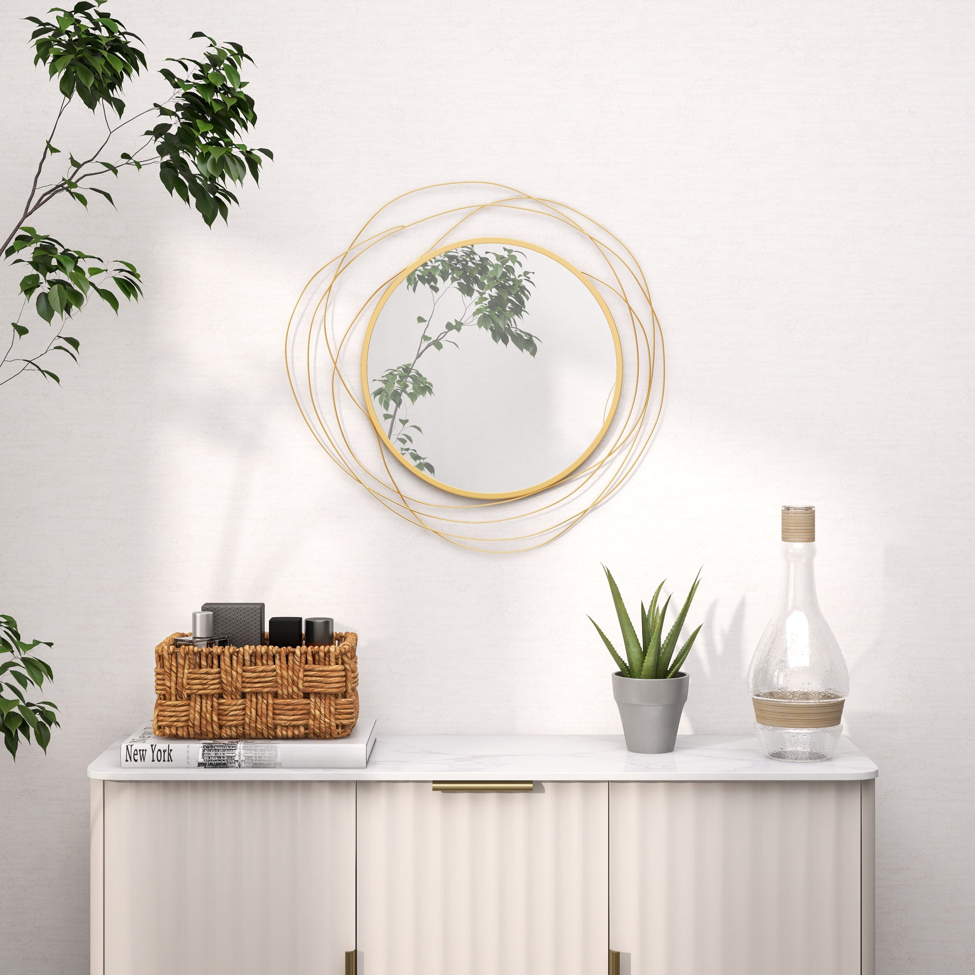 HOMCOM Abstract Metal Wire Wall Mirror, with Accessories - Gold Tone 