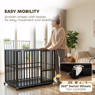 PawHut Heavy Duty Dog Crate, Dog Cage with Wheels for Medium Large Breeds, Metal Pet Kennel with Removable Tray 