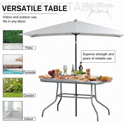 Outsunny Garden Dining Table Glass Top Metal Frame with Parasol Hole Outdoor Balcony Grey 140L x 80Wcm 