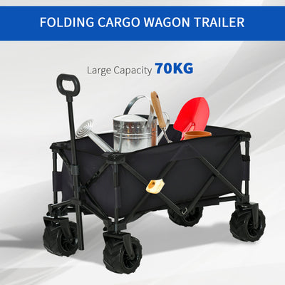 Outsunny Outdoor Folding Garden Trolley on Wheels, Capming Cargo Wagon Cart Trailer w/ Handle, Wheels for Beach Garden, Black 