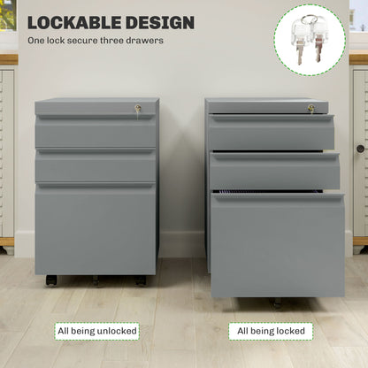 Vinsetto 3 Drawer Filling Cabinet, Mobile Metal File Cabinet with Anti-tilt Design for Letter, A4, Legal Size, Grey 