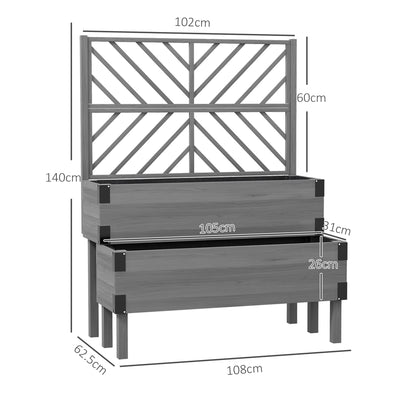 Outsunny Raised Garden Bed with Trellis, 2-Tier Wooden Elevated Planter Box  for Vegetables, Flowers, Herbs, Grey 