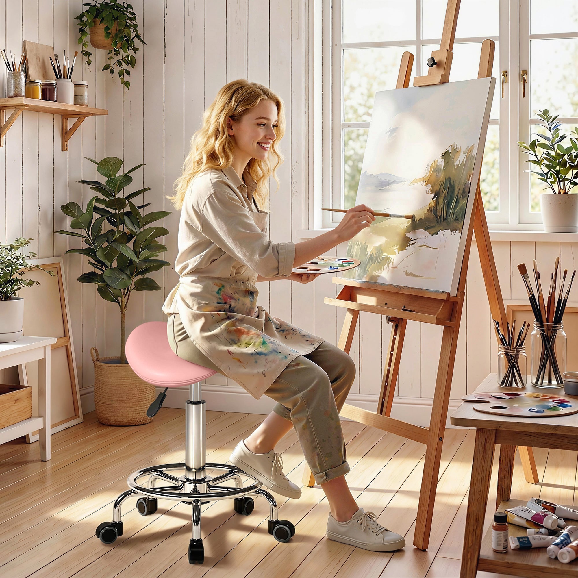 HOMCOM Salon Saddle Stool, Rolling Saddle Chair for Massage, Spa, Clinic, Beauty, Hairdressing and Tattoo, Pink 