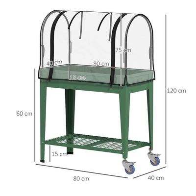 Outsunny Raised Planter with Greenhouse Cover, Mobile Elevated Garden Bed with Wheels and Bottom Shelf for Vegetables, Green 