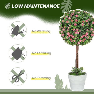 HOMCOM Set of 2 Decorative Artificial Plants, Ball Topiary Tree with Rose Flower in Pot, Fake Plants for Home Indoor Outdoor Decor, 60cm, Pink 