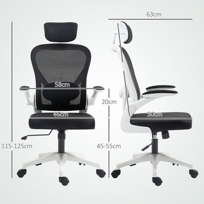 HOMCOM Executive Office Chair, Ergonomic Mesh High Back Desk Chair with Flip-up Armrest, Rotatable Headrest, Adjustable Lumbar Support, Swivel Computer Chair for Home Study, Black 