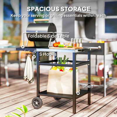 Outsunny BBQ Trolley with Stainless Steel Top and Foldable Side Table, Outdoor Kitchen BBQ Station with Hooks and Shelf, Pizza Oven Table Movable Outdoor Grill Dining Cart with Cover, Black 