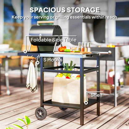 Outsunny BBQ Trolley with Stainless Steel Top and Foldable Side Table, Outdoor Kitchen BBQ Station with Hooks and Shelf, Pizza Oven Table Movable Outdoor Grill Dining Cart with Cover, Black 