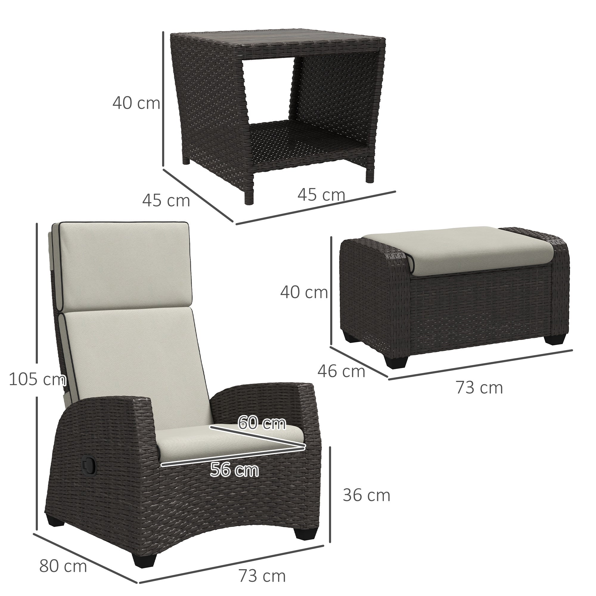 Outsunny 5-Piece Rattan Patio Reclining Chair Set with Footstools, Coffee Table, Cushions, for Outdoor Garden, Brown 