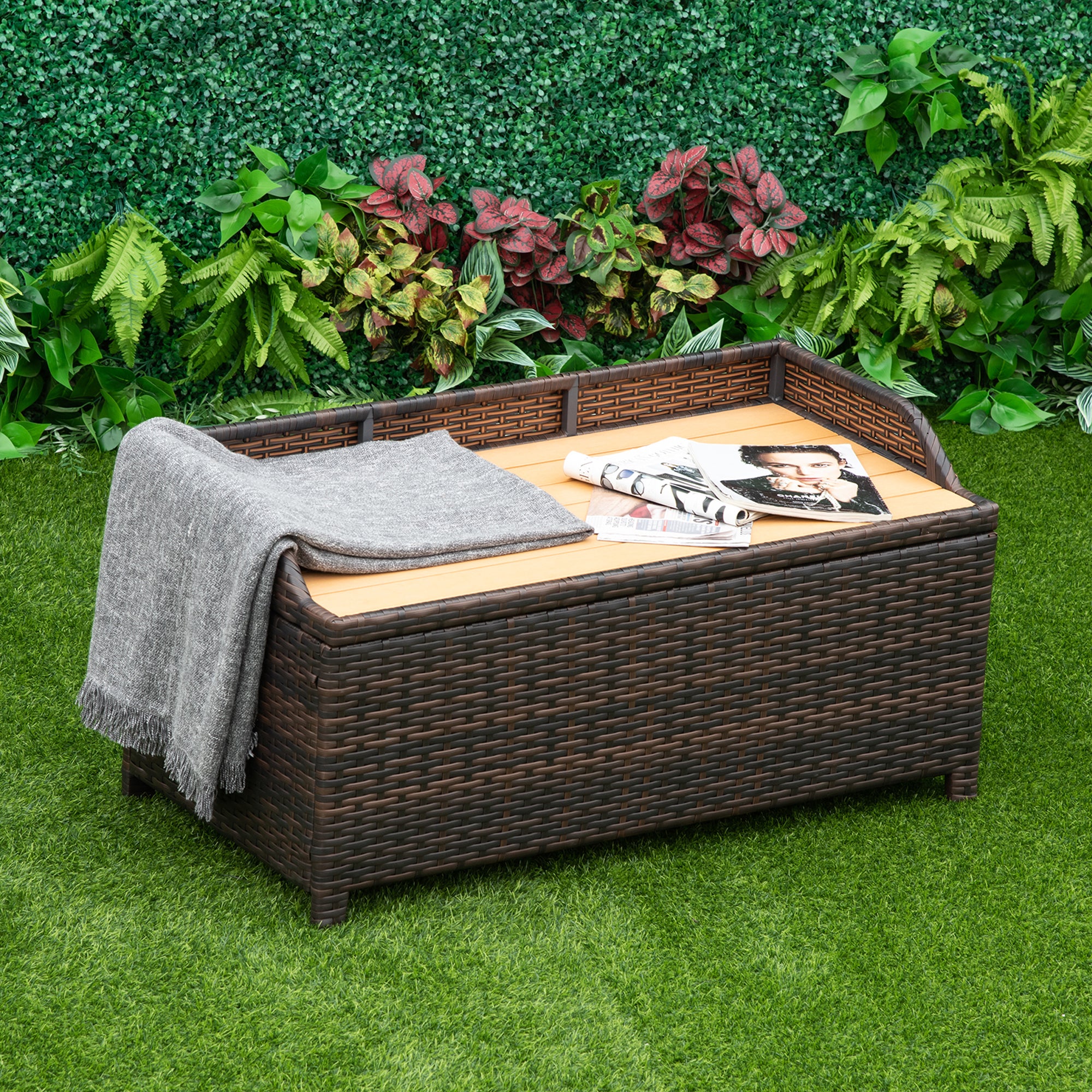 Outsunny 130 L Rattan Garden Storage Box, with Seat - Mixed Brown 