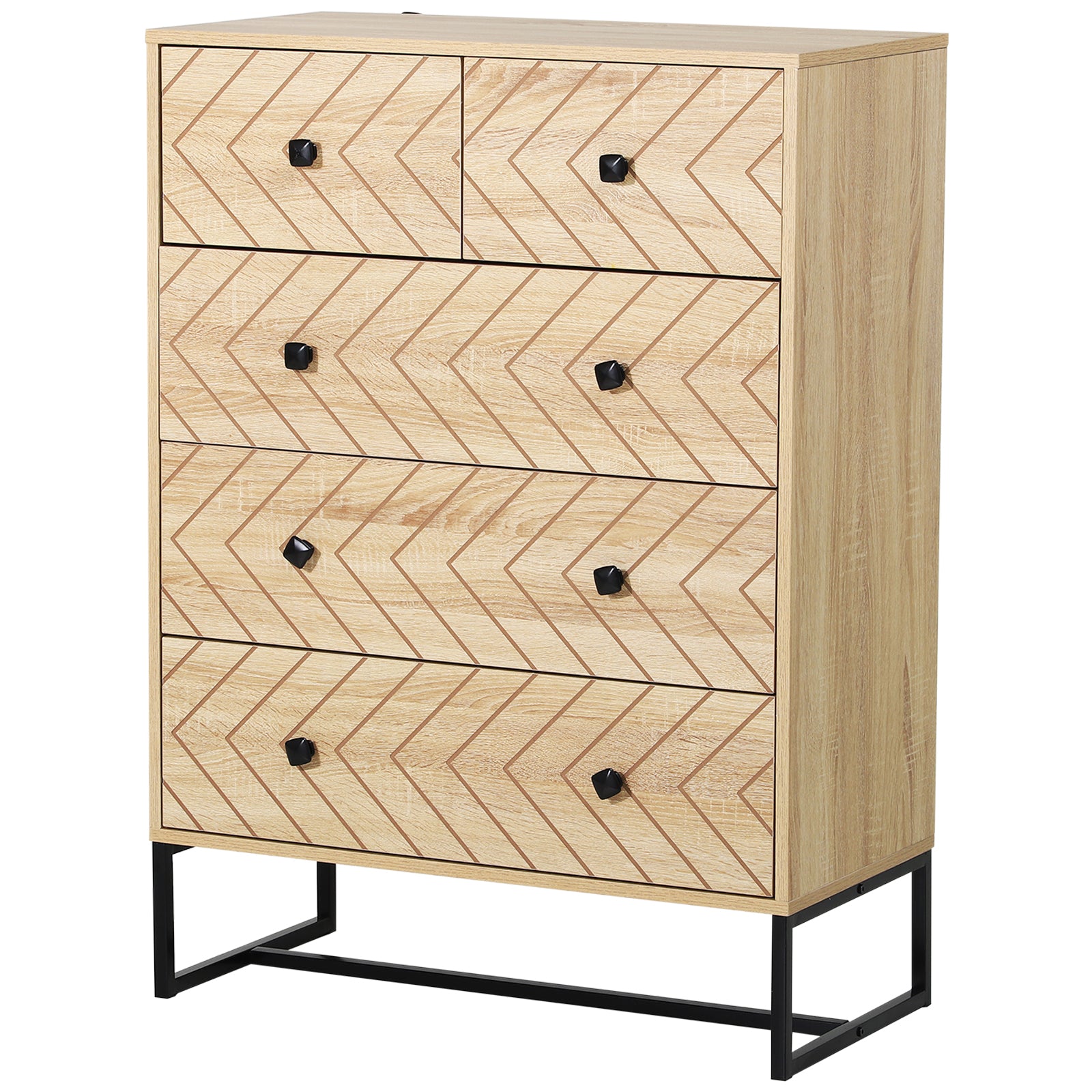 HOMCOM 5 Drawer Chest Sideboard Cabinet Storage Unit Bedroom Home Unique Zigzag Design w/ Black Metal Handles Anti Tip & Top 