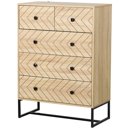HOMCOM 5 Drawer Chest Sideboard Cabinet Storage Unit Bedroom Home Unique Zigzag Design w/ Black Metal Handles Anti Tip & Top 