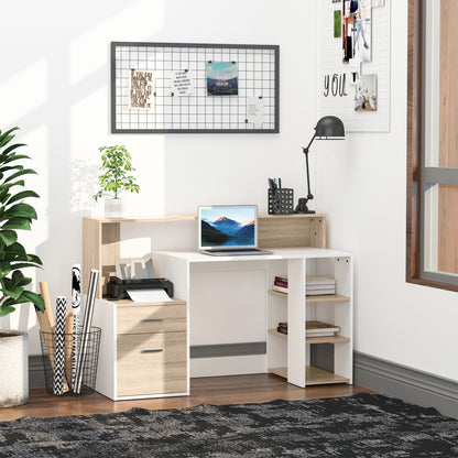 HOMCOM Computer Desk with Drawers and Storage Shelves, Reception Desk, Study Workstation for Home Office, 137 x 55 x 92cm, Oak and White 